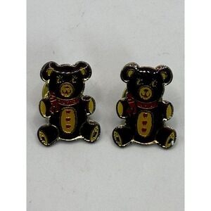 Vintage Ohio Teddy Bear Enamel Pin Set of 2 – Gold Tone Black Red Heart Bears